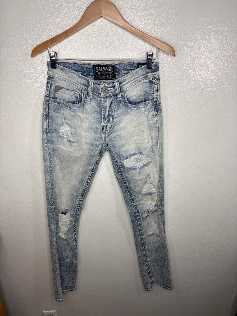 Salvage Havoc Distressed Straight Light Acid Wash Slim Fit Jeans Boys Size 28R
